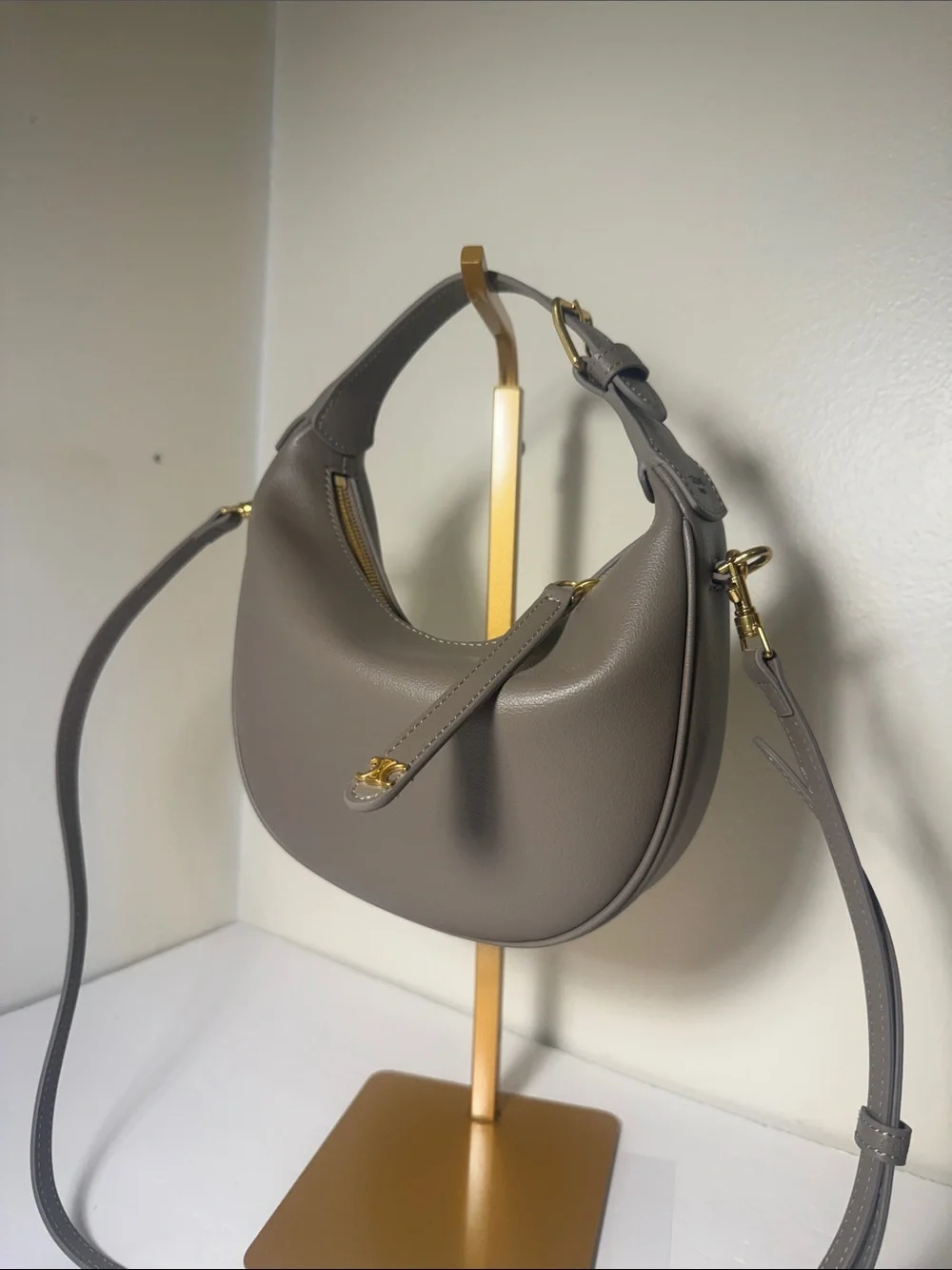 Taupe Crescent Leather Shoulder Bag with Gold Hardware